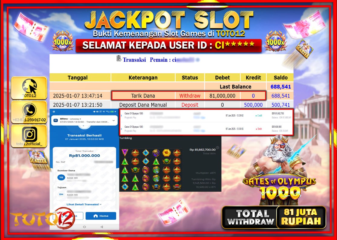 HANYA DI TOTO12 JP PASTI DI BAYAR LUNAS DAN CEPAT!!!!!! JACKPOT SLOT GAME (GATES OF OLYMPUS 1000) Rp.81.000.000 !!!!