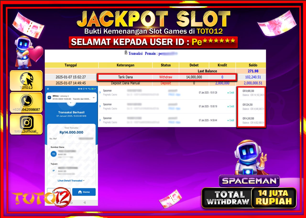 HANYA DI TOTO12 JP PASTI DI BAYAR LUNAS DAN CEPAT!!!!!! JACKPOT SLOT GAME (SPACEMAN) Rp.14.000.000 !!!!
