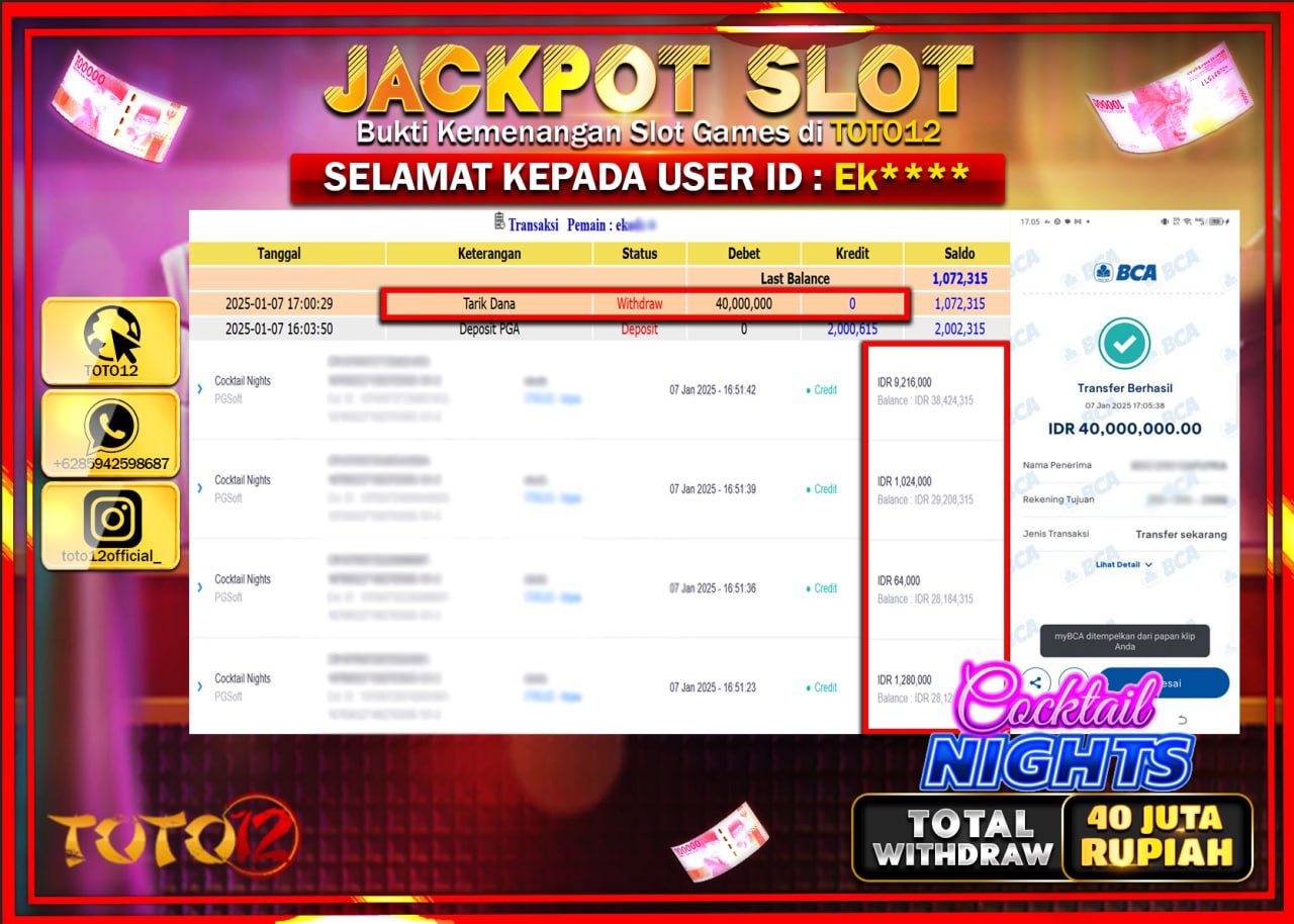 HANYA DI TOTO12 JP PASTI DI BAYAR LUNAS DAN CEPAT!!!!!! JACKPOT SLOT GAME (COCKTAIL NIGHTS) Rp.40.000.000 !!!!