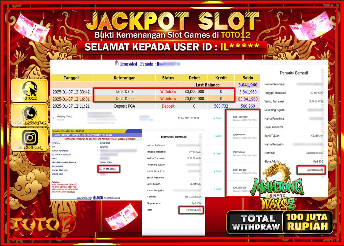 HANYA DI TOTO12 JP PASTI DI BAYAR LUNAS DAN CEPAT!!!!!! JACKPOT SLOT GAME (MAHJONG WAYS 2) Rp.100.000.000 !!!!
