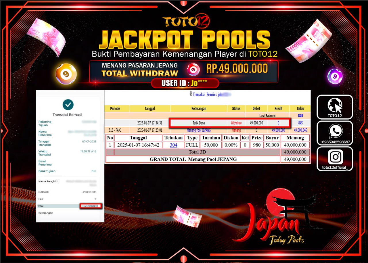HANYA DI TOTO12 JP PASTI DI BAYAR LUNAS DAN CEPAT!!!!!! JACKPOT POOLS PASARAN (JEPANG) Rp.49.000.000 !!!!