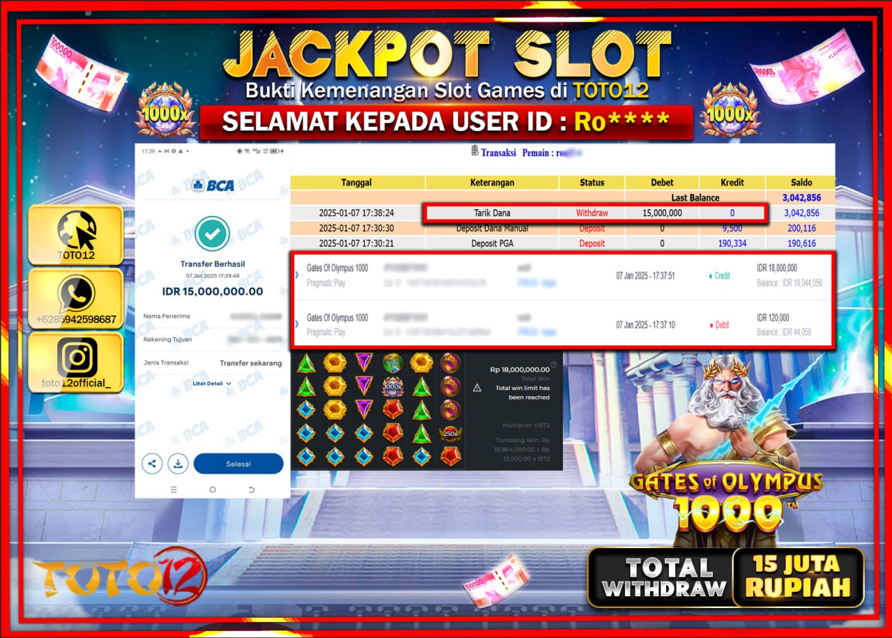 HANYA DI TOTO12 JP PASTI DI BAYAR LUNAS DAN CEPAT!!!!!! JACKPOT SLOT GAME (GATES OF OLYMPUS 1000) Rp.15.000.000 !!!!