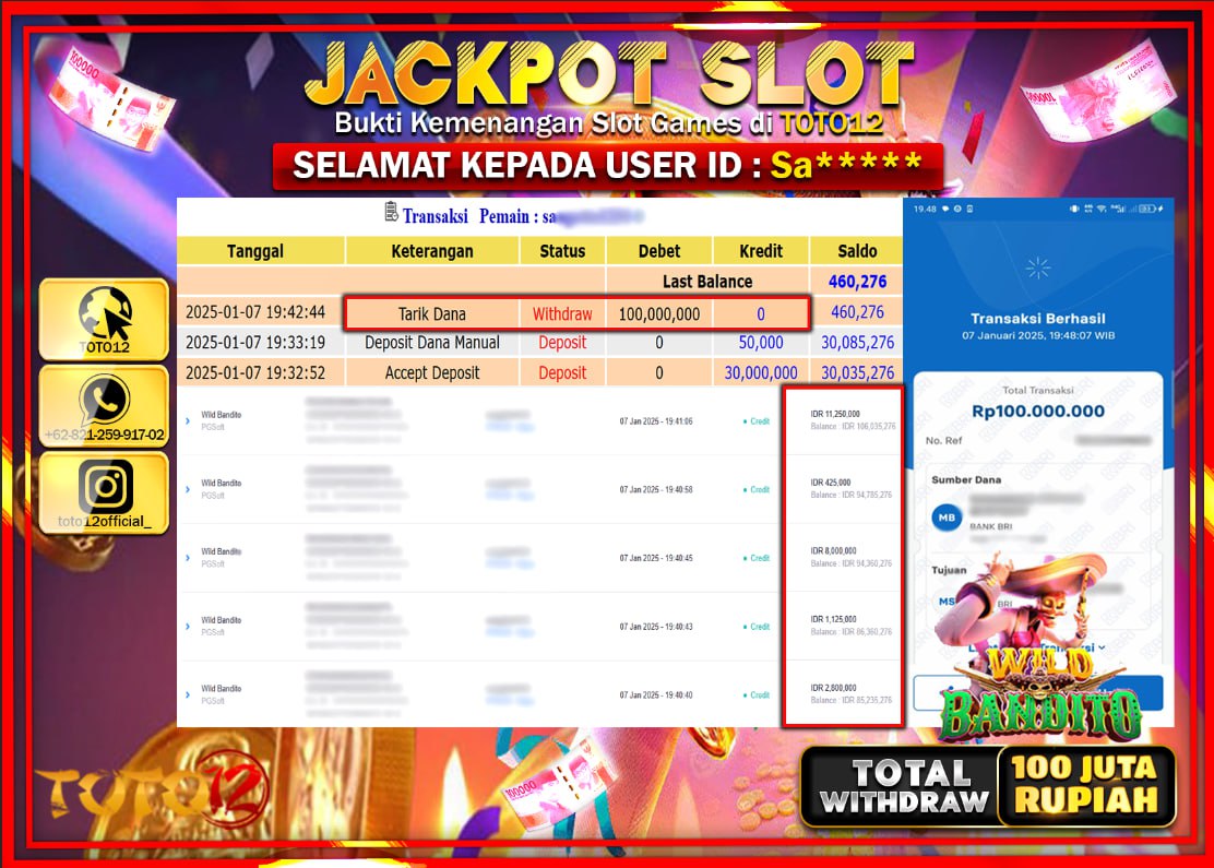 HANYA DI TOTO12 JP PASTI DI BAYAR LUNAS DAN CEPAT!!!!!! JACKPOT SLOT GAME (WILD BANDITO) Rp.100.000.000 !!!!