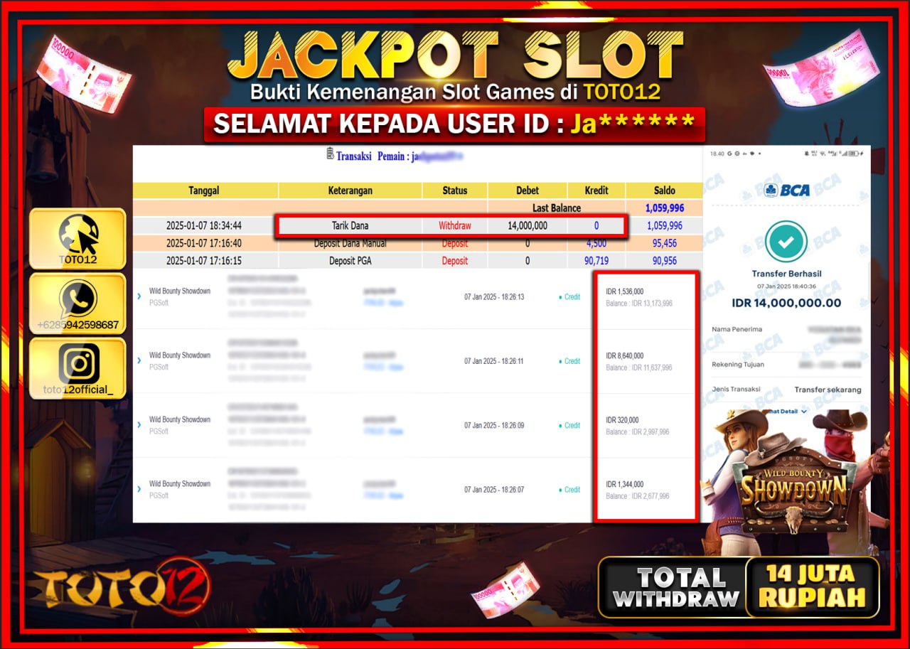 HANYA DI TOTO12 JP PASTI DI BAYAR LUNAS DAN CEPAT!!!!!! JACKPOT SLOT GAME (WILD BOUNTY SHOWDOWN) Rp.14.000.000 !!!!