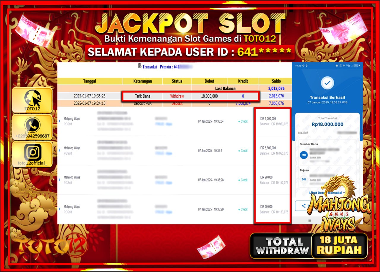 HANYA DI TOTO12 JP PASTI DI BAYAR LUNAS DAN CEPAT!!!!!! JACKPOT SLOT GAME (MAHJONG WAYS) Rp.18.000.000 !!!!