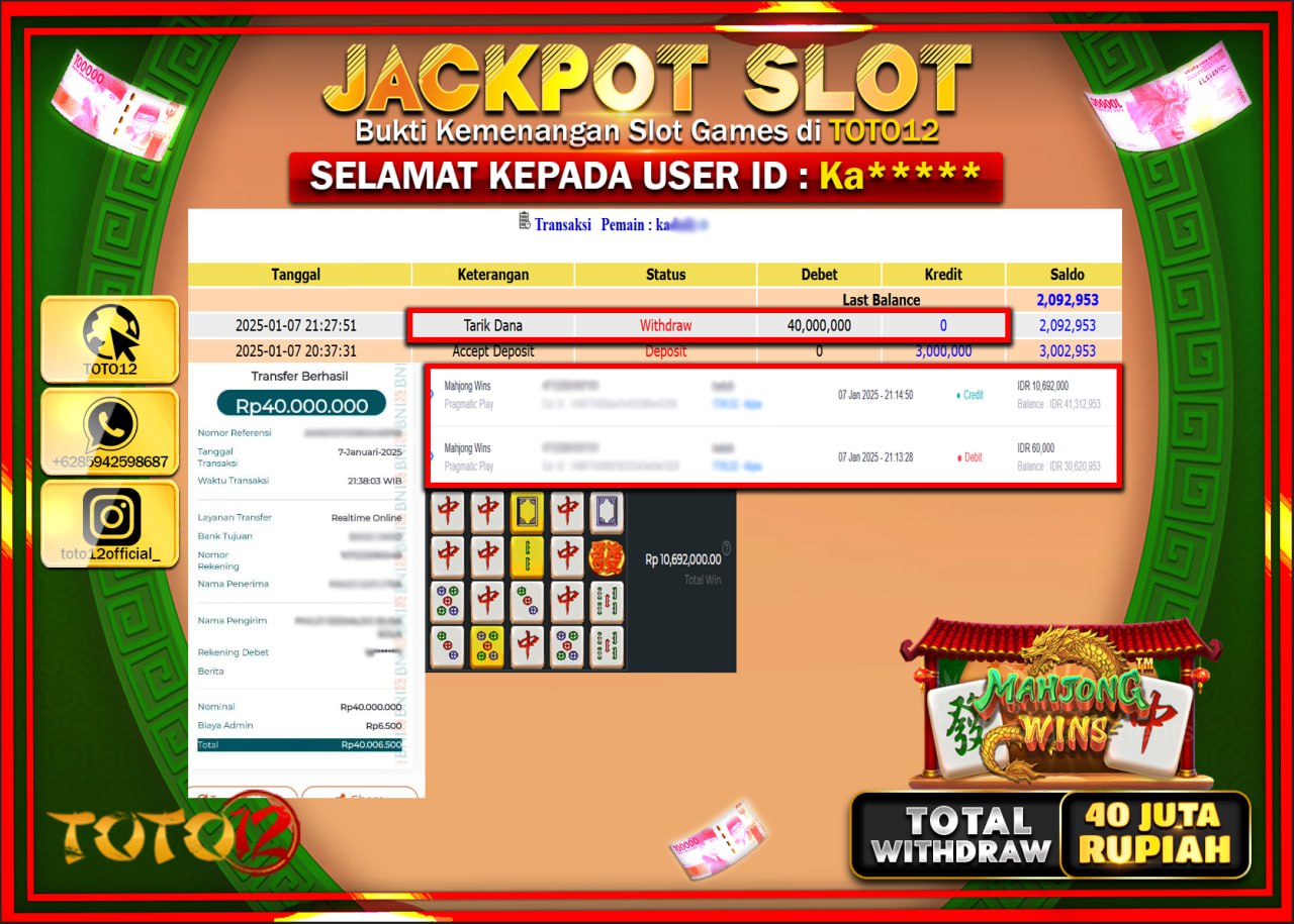 HANYA DI TOTO12 JP PASTI DI BAYAR LUNAS DAN CEPAT!!!!!! JACKPOT SLOT GAME (MAHJONG WINS) Rp.40.000.000 !!!!