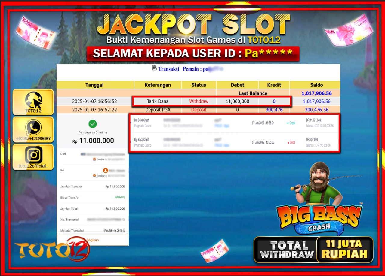 HANYA DI TOTO12 JP PASTI DI BAYAR LUNAS DAN CEPAT!!!!!! JACKPOT SLOT GAME (BIG BASS CRASH) Rp.11.000.000 !!!!