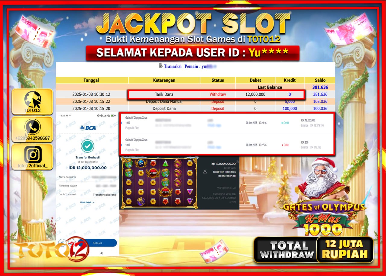 HANYA DI TOTO12 JP PASTI DI BAYAR LUNAS DAN CEPAT!!!!!! JACKPOT SLOT GAME (GATES OF OLYMPUS XMAS 1000) Rp.12.000.000 !!!!