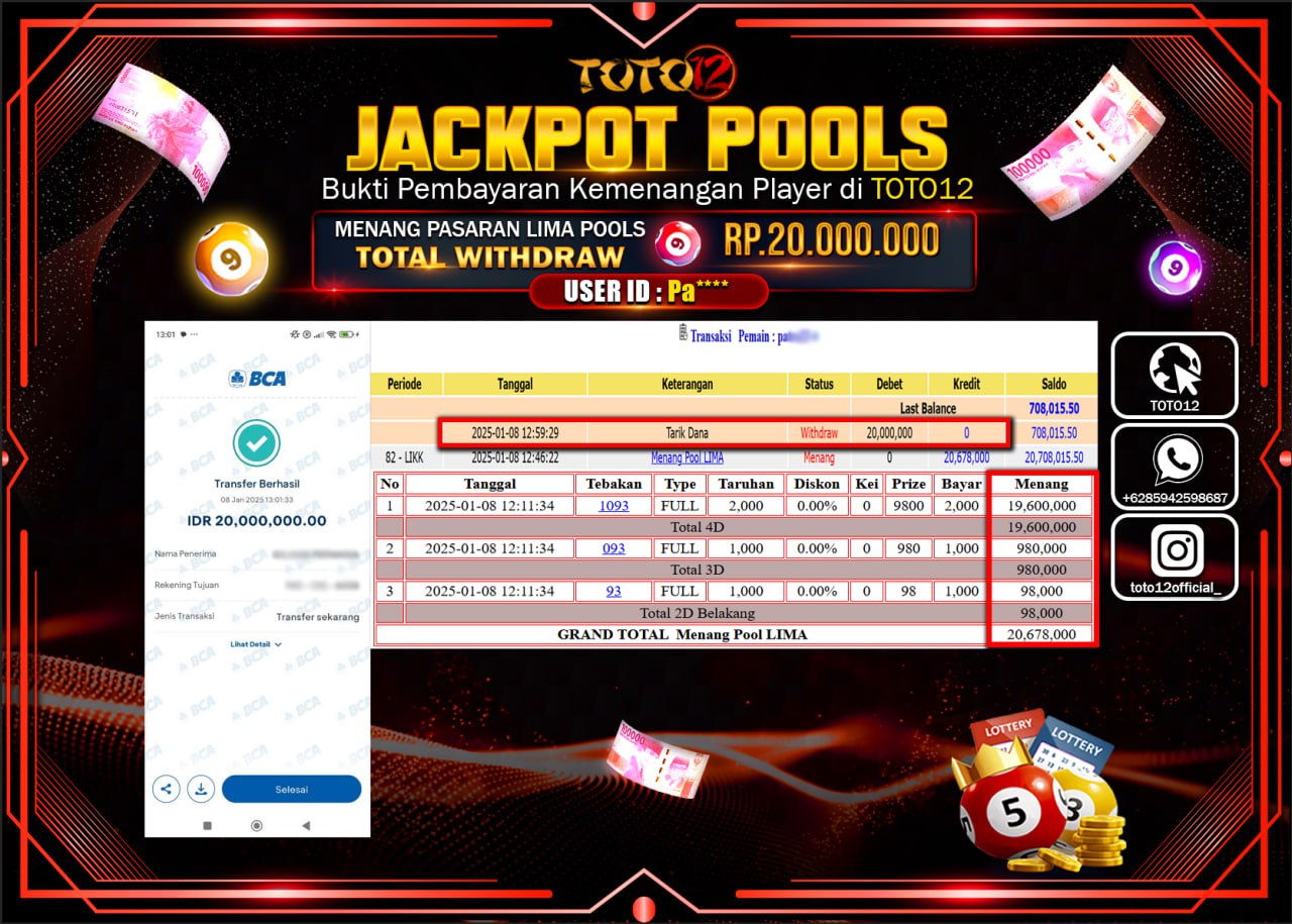 HANYA DI TOTO12 JP PASTI DI BAYAR LUNAS DAN CEPAT!!!!!! JACKPOT POOLS PASARAN (LIMA POOLS) Rp.20.000.000 !!!!
