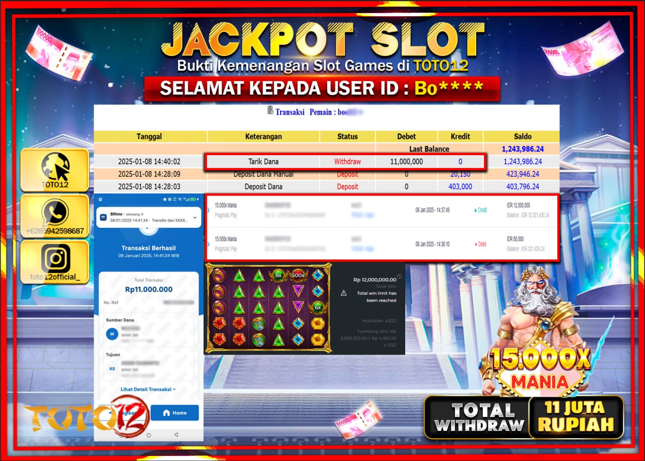 HANYA DI TOTO12 JP PASTI DI BAYAR LUNAS DAN CEPAT!!!!!! JACKPOT SLOT GAME (15.000X MANIA) Rp.11.000.000 !!!!