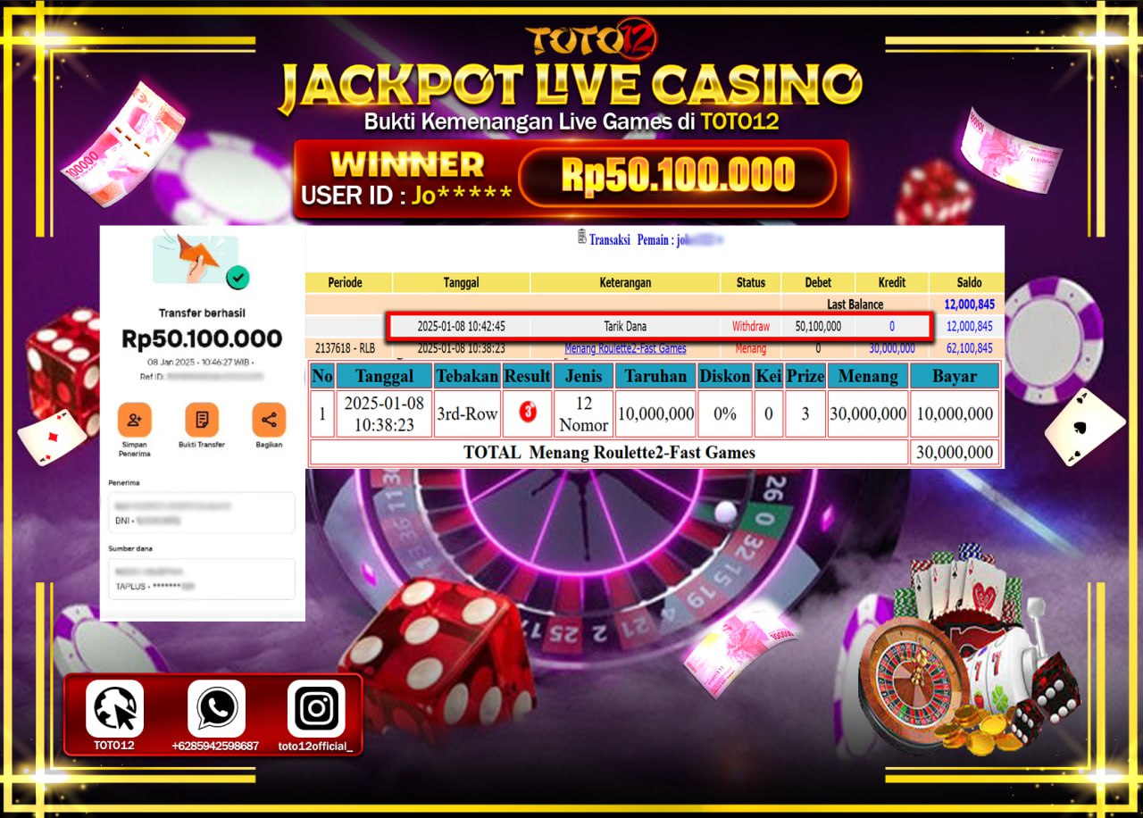 HANYA DI TOTO12 JP PASTI DI BAYAR LUNAS DAN CEPAT!!!!!! JACKPOT LIVE GAMES CASINO (ROULETTE 2 FAST) Rp.50.100.000 !!!!