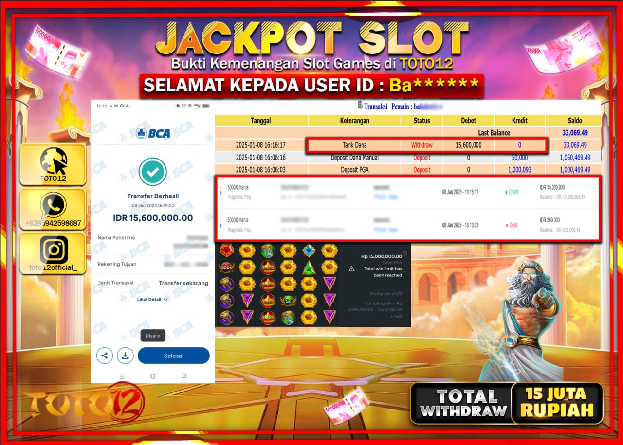 HANYA DI TOTO12 JP PASTI DI BAYAR LUNAS DAN CEPAT!!!!!! JACKPOT SLOT GAME (15.000X MANIA) Rp.15.000.000 !!!!