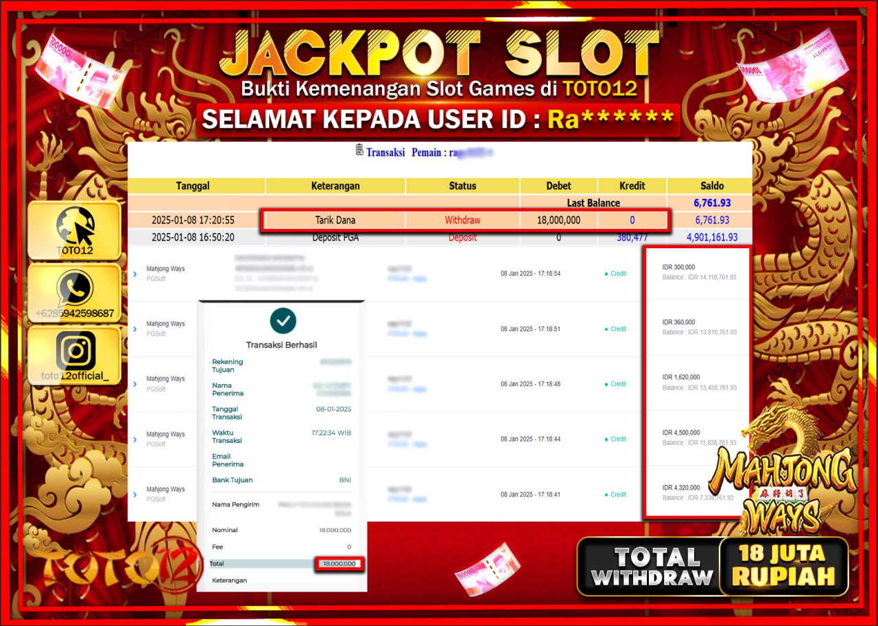 HANYA DI TOTO12 JP PASTI DI BAYAR LUNAS DAN CEPAT!!!!!! JACKPOT SLOT GAME (MAHJONG WAYS) Rp.18.000.000 !!!!
