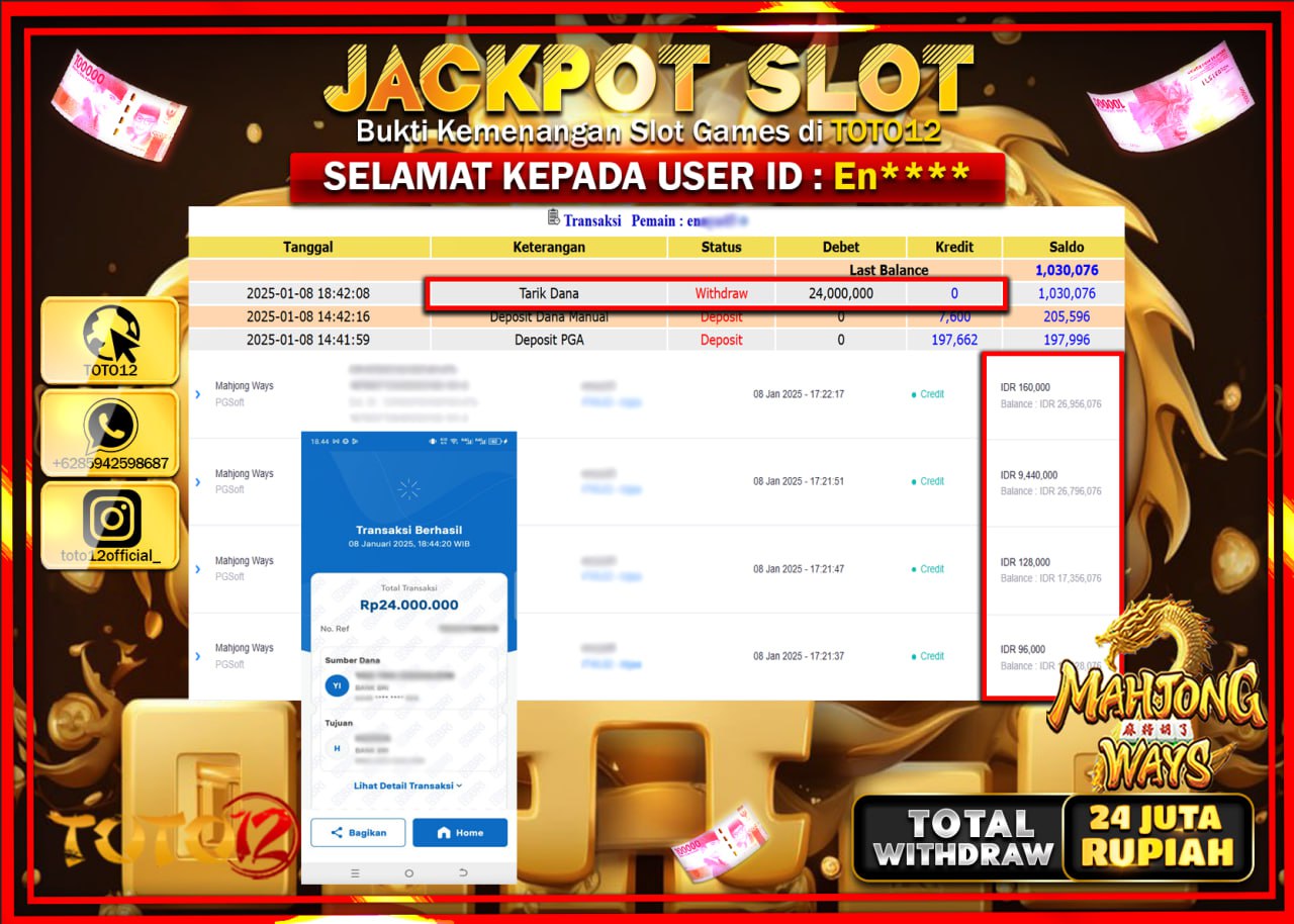 HANYA DI TOTO12 JP PASTI DI BAYAR LUNAS DAN CEPAT!!!!!! JACKPOT SLOT GAME (MAHJONG WAYS) Rp.24.000.000 !!!!