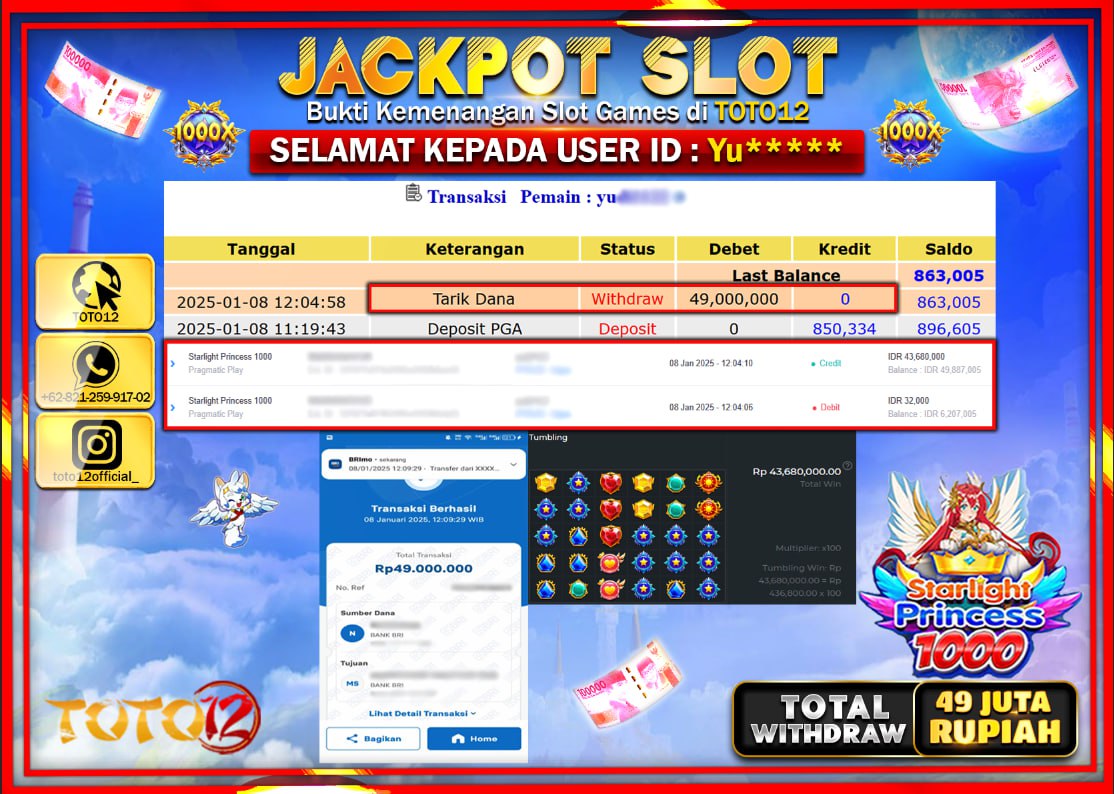 HANYA DI TOTO12 JP PASTI DI BAYAR LUNAS DAN CEPAT!!!!!! JACKPOT SLOT GAME (STARLIGHT PRINCESS 1000) Rp.49.000.000 !!!!