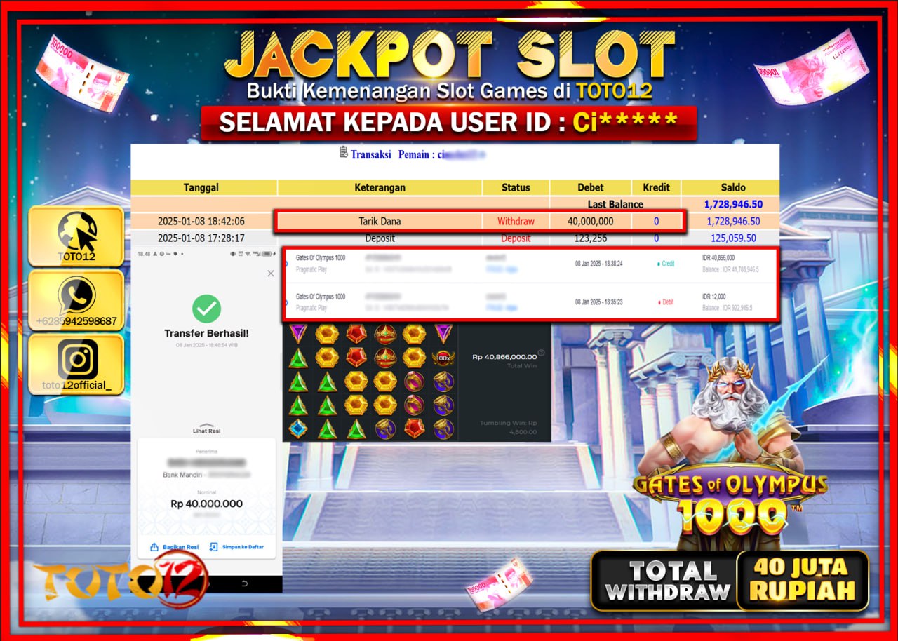 HANYA DI TOTO12 JP PASTI DI BAYAR LUNAS DAN CEPAT!!!!!! JACKPOT SLOT GAME (GATES OF OLYMPUS 1000) Rp.40.000.000 !!!!