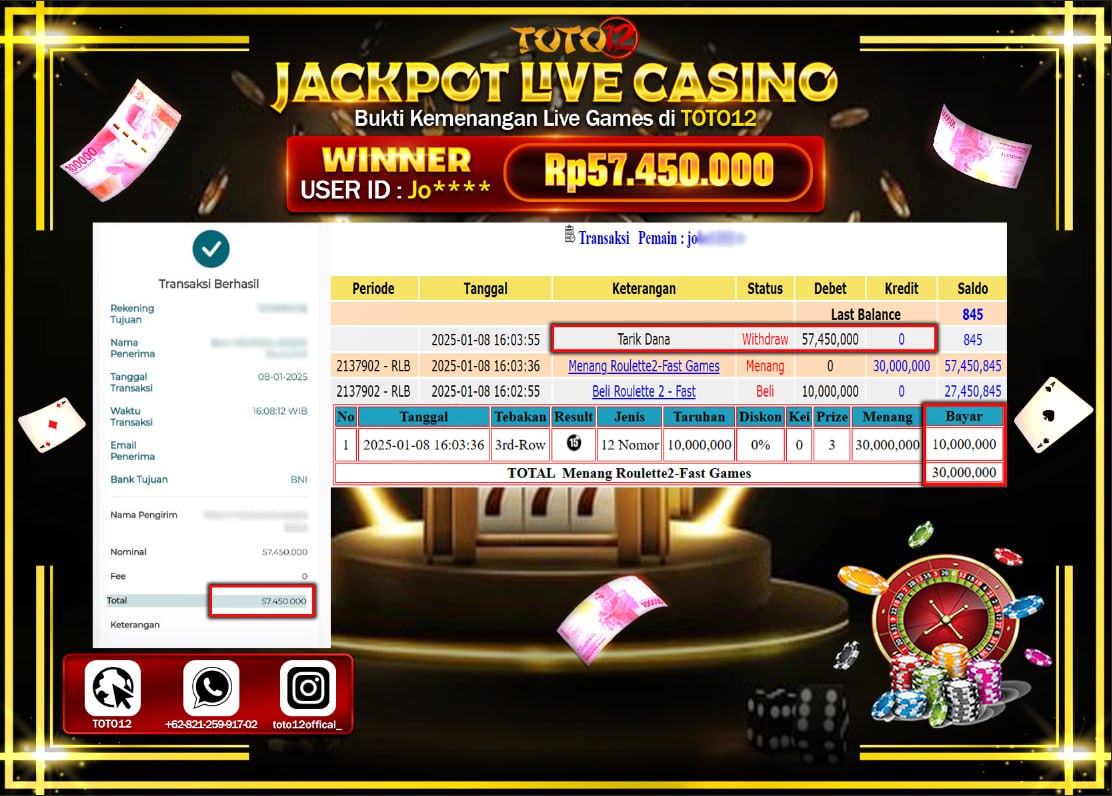 HANYA DI TOTO12 JP PASTI DI BAYAR LUNAS DAN CEPAT!!!!!! JACKPOT LIVE GAMES CASINO (ROULETTE 2 FAST) Rp.57.450.000 !!!!