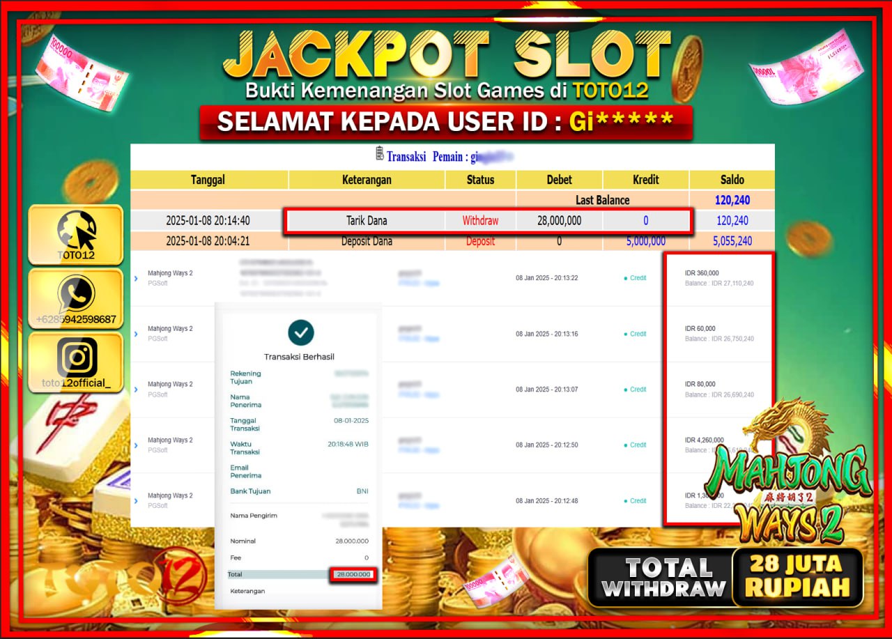 HANYA DI TOTO12 JP PASTI DI BAYAR LUNAS DAN CEPAT!!!!!! JACKPOT SLOT GAME (MAHJONG WAYS 2) Rp.28.000.000 !!!!
