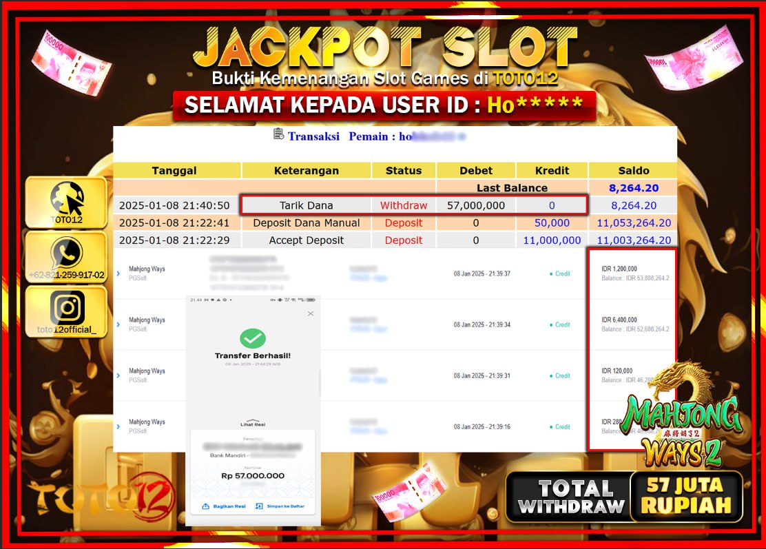 HANYA DI TOTO12 JP PASTI DI BAYAR LUNAS DAN CEPAT!!!!!! JACKPOT SLOT GAME (MAHJONG WAYS 2) Rp.57.000.000 !!!!