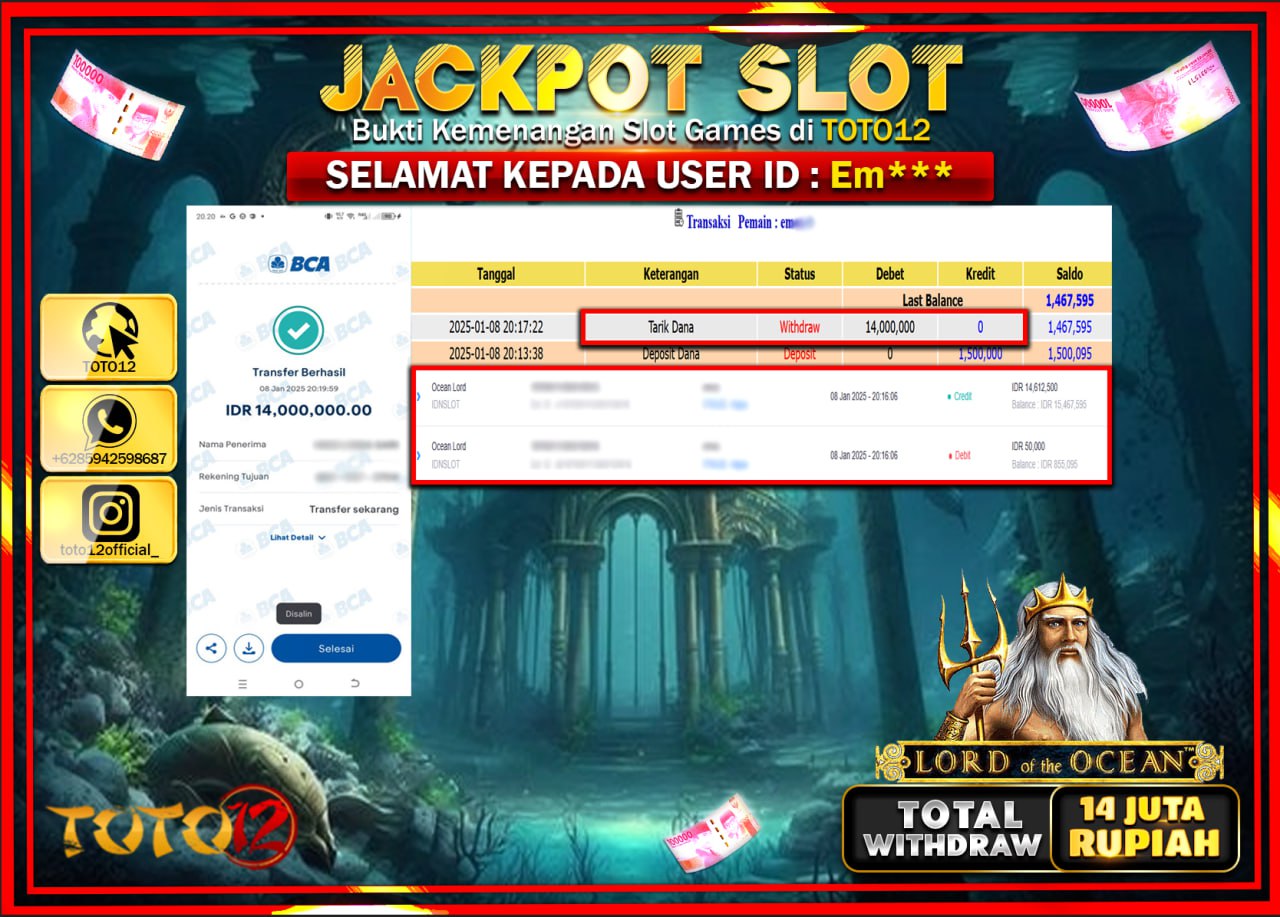 HANYA DI TOTO12 JP PASTI DI BAYAR LUNAS DAN CEPAT!!!!!! JACKPOT SLOT GAME (OCEAN LORD) Rp.14.000.000 !!!!