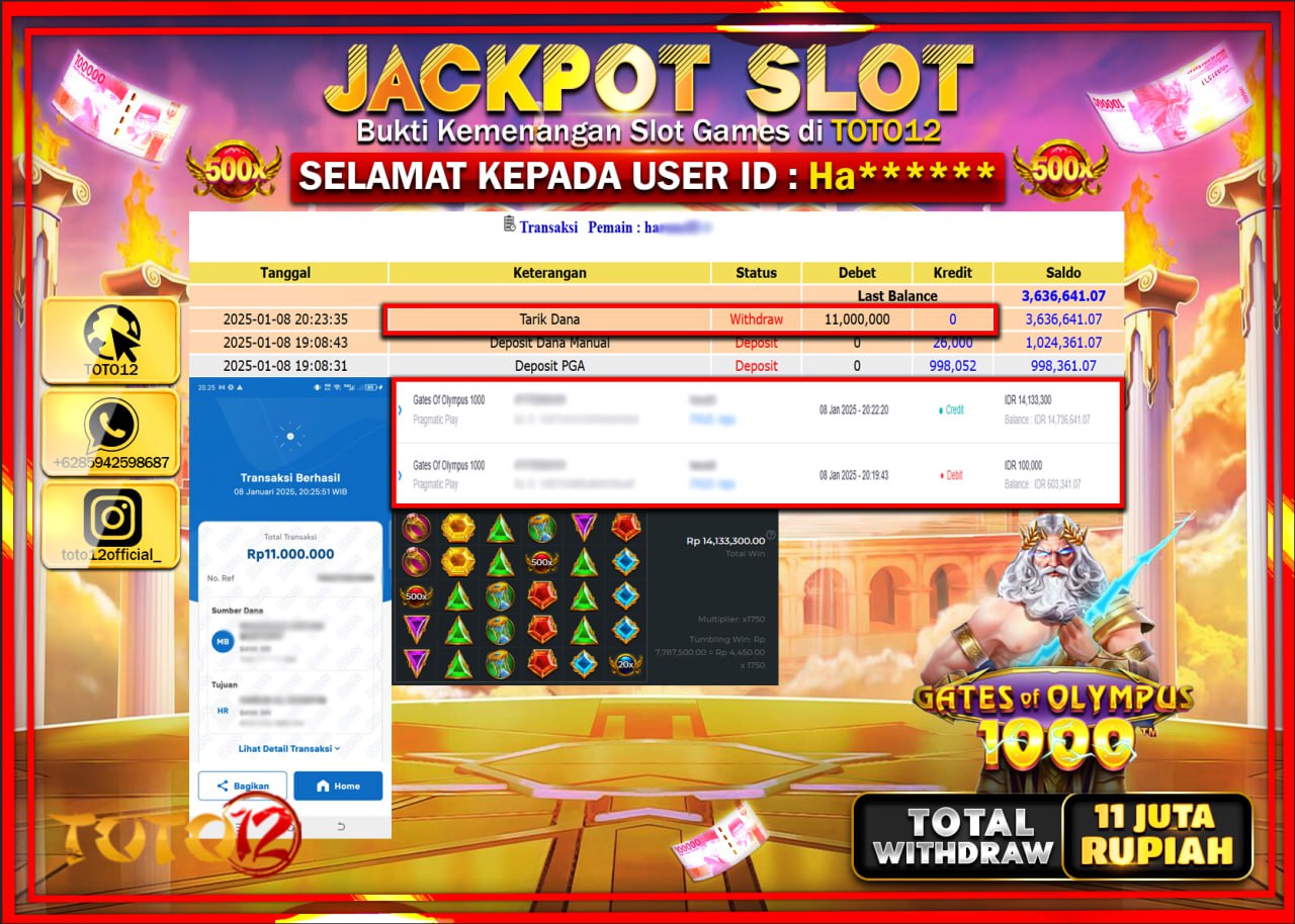 HANYA DI TOTO12 JP PASTI DI BAYAR LUNAS DAN CEPAT!!!!!! JACKPOT SLOT GAME (GATES OF OLYMPUS 1000) Rp.11.000.000 !!!!