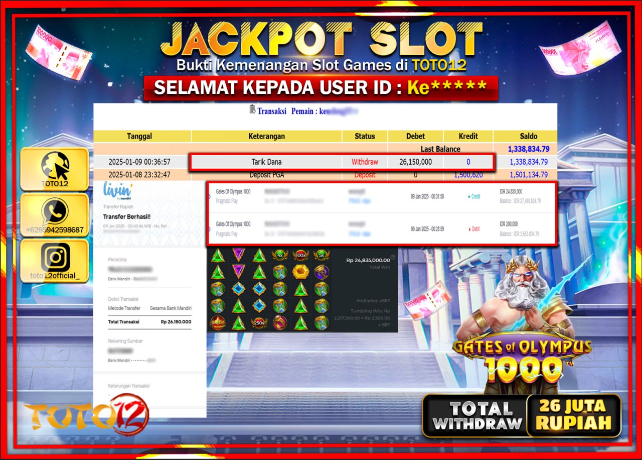 HANYA DI TOTO12 JP PASTI DI BAYAR LUNAS DAN CEPAT!!!!!! JACKPOT SLOT GAME (GATES OF OLYMPUS 1000) Rp.26.000.000 !!!!