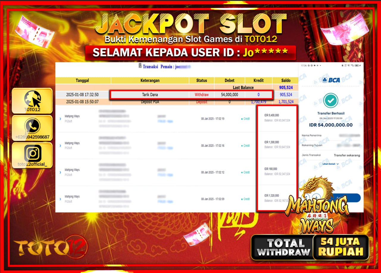 HANYA DI TOTO12 JP PASTI DI BAYAR LUNAS DAN CEPAT!!!!!! JACKPOT SLOT GAME (MAHJONG WAYS) Rp.54.000.000 !!!!