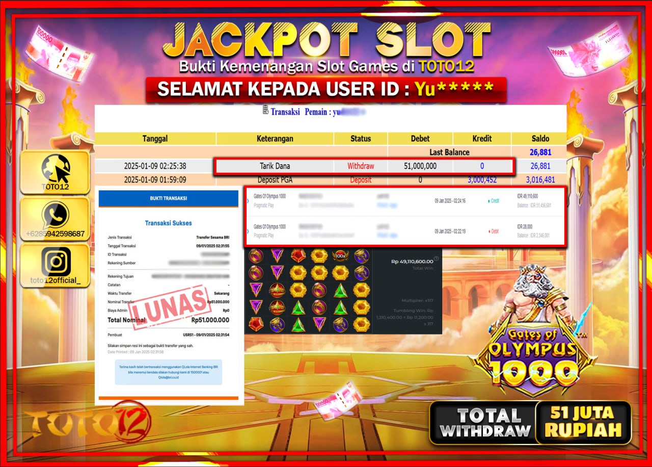 HANYA DI TOTO12 JP PASTI DI BAYAR LUNAS DAN CEPAT!!!!!! JACKPOT SLOT GAME (GATES OF OLYMPUS 1000) Rp.51.000.000 !!!!