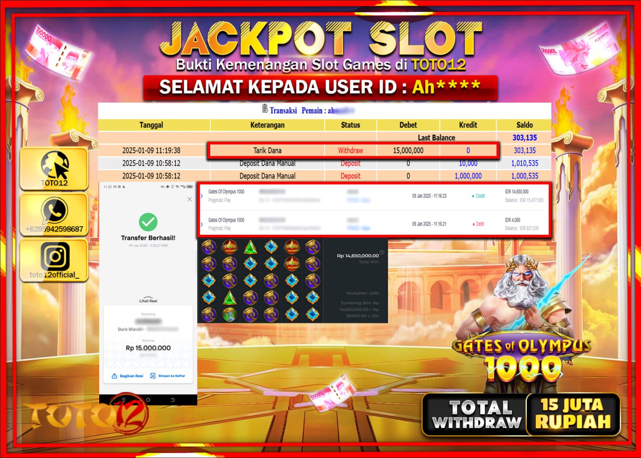 HANYA DI TOTO12 JP PASTI DI BAYAR LUNAS DAN CEPAT!!!!!! JACKPOT SLOT GAME (GATES OF OLYMPUS 1000) Rp.15.000.000 !!!!