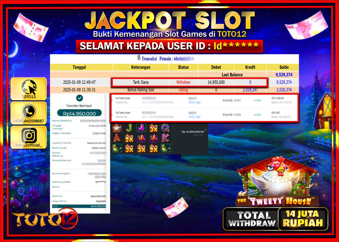 HANYA DI TOTO12 JP PASTI DI BAYAR LUNAS DAN CEPAT!!!!!! JACKPOT SLOT GAME (THE TWEETY HOUSE) Rp.14.000.000 !!!!