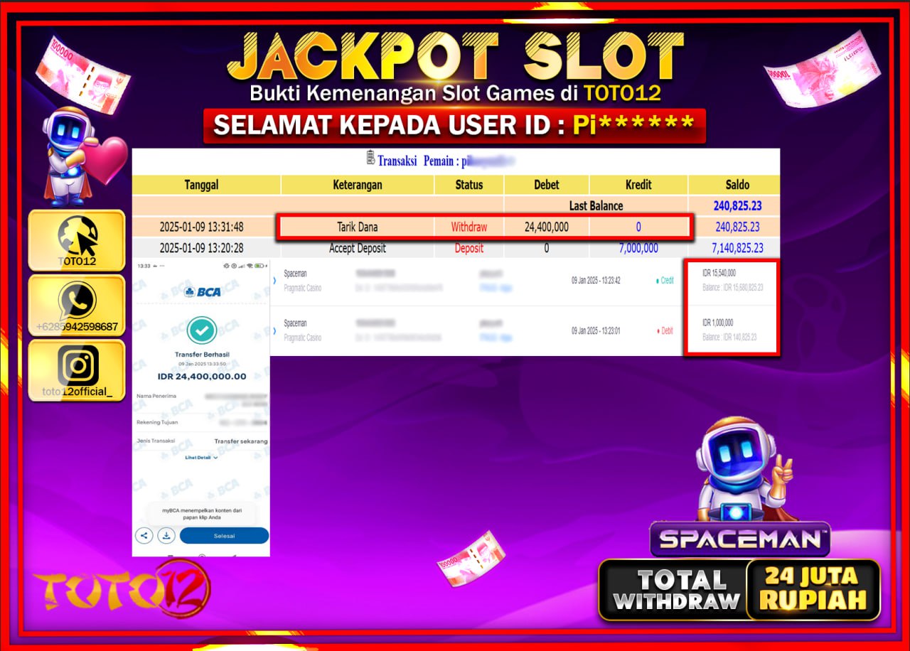 HANYA DI TOTO12 JP PASTI DI BAYAR LUNAS DAN CEPAT!!!!!! JACKPOT SLOT GAME (SPACEMAN) Rp.24.000.000 !!!!