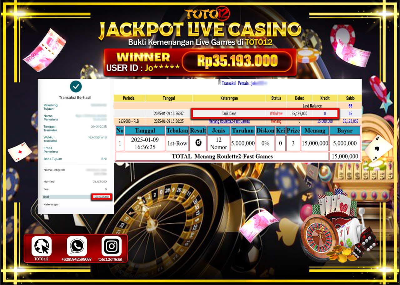 HANYA DI TOTO12 JP PASTI DI BAYAR LUNAS DAN CEPAT!!!!!! JACKPOT LIVE GAMES CASINO(ROULETTE 2 FAST) Rp.35.193.000 !!!!