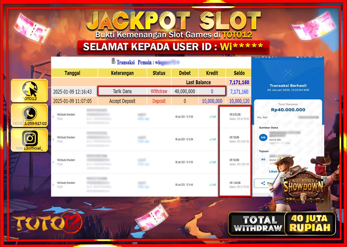 HANYA DI TOTO12 JP PASTI DI BAYAR LUNAS DAN CEPAT!!!!!! JACKPOT SLOT GAME (WILD BOUNTY SHOWDOWN) Rp.40.000.000 !!!!