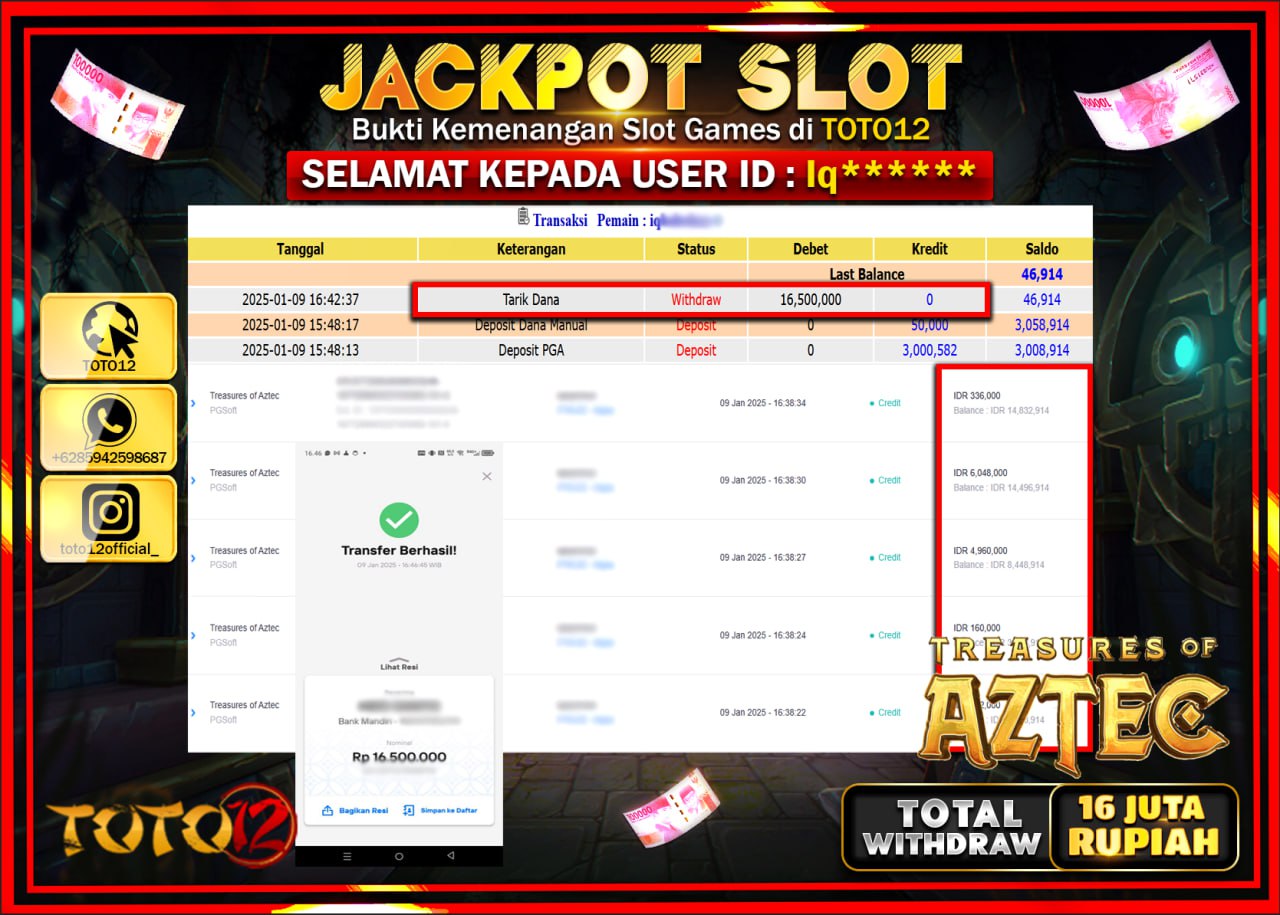 HANYA DI TOTO12 JP PASTI DI BAYAR LUNAS DAN CEPAT!!!!!! JACKPOT SLOT GAME (TREASURES OF AZTEC) Rp.16.000.000 !!!!