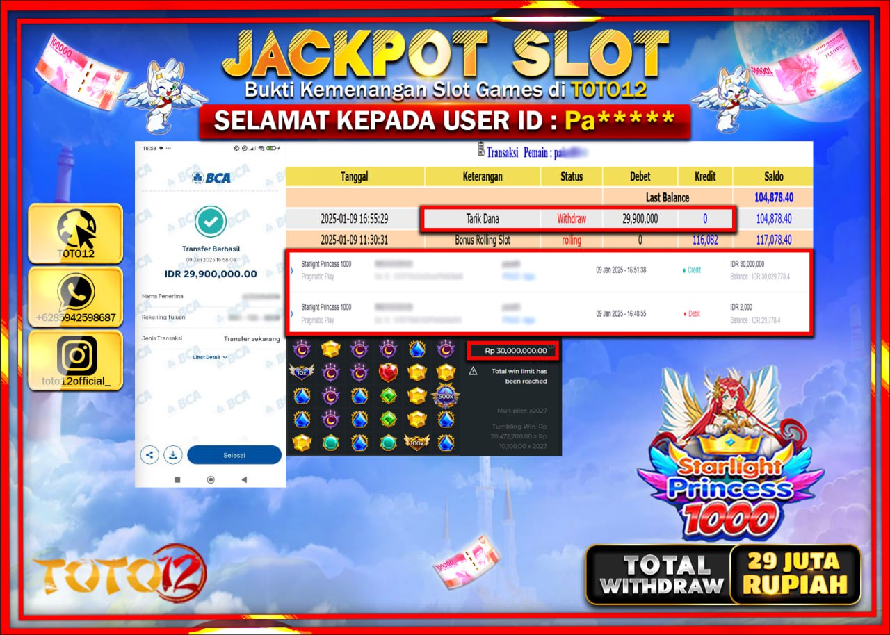 HANYA DI TOTO12 JP PASTI DI BAYAR LUNAS DAN CEPAT!!!!!! JACKPOT SLOT GAME (STARLIGHT PRINCESS 1000) Rp.29.000.000 !!!!