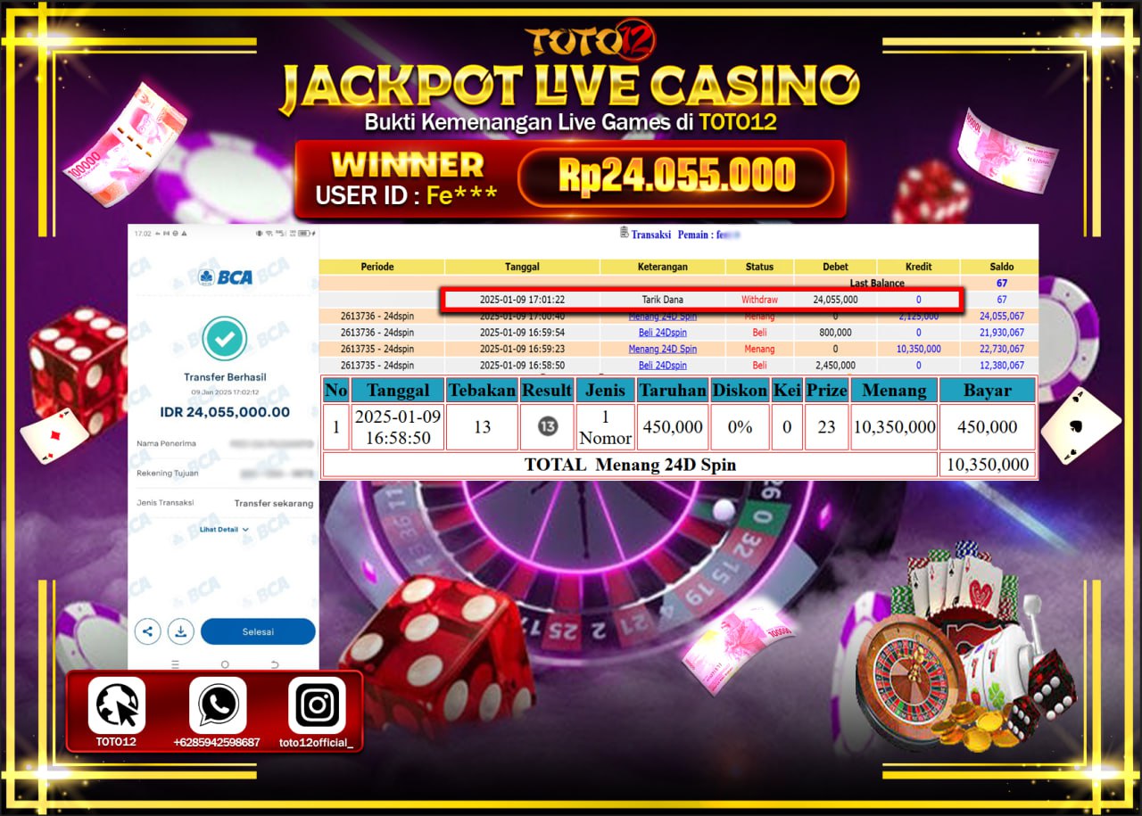 HANYA DI TOTO12 JP PASTI DI BAYAR LUNAS DAN CEPAT!!!!!! JACKPOT LIVE GAMES CASINO (24D SPIN) Rp.24.055.000 !!!!