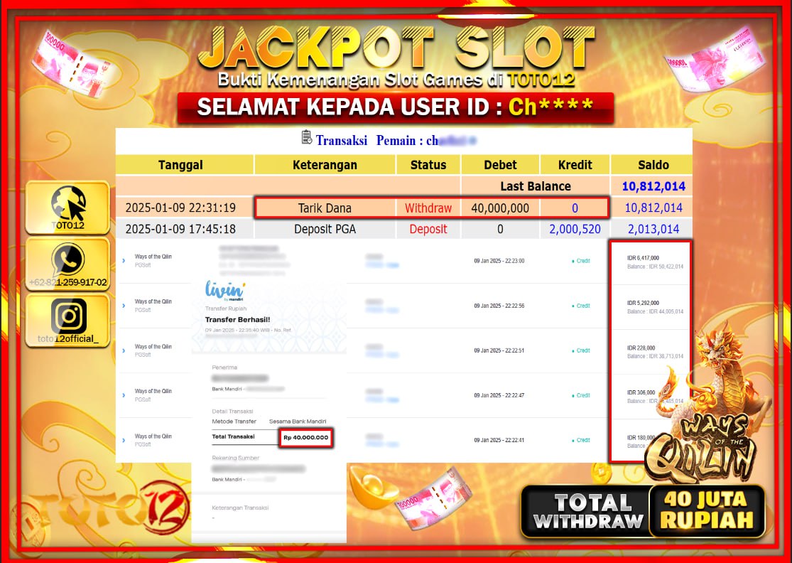 HANYA DI TOTO12 JP PASTI DI BAYAR LUNAS DAN CEPAT!!!!!! JACKPOT SLOT GAME (WAYS OF THE QILIN) Rp.40.000.000 !!!!