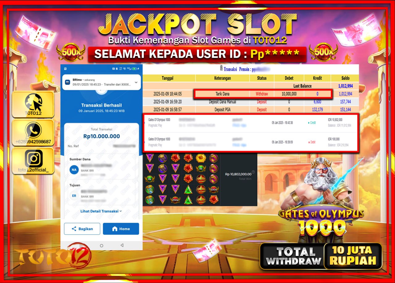 HANYA DI TOTO12 JP PASTI DI BAYAR LUNAS DAN CEPAT!!!!!! JACKPOT SLOT GAME (GATES OF OLYMPUS 1000) Rp.10.000.000 !!!!