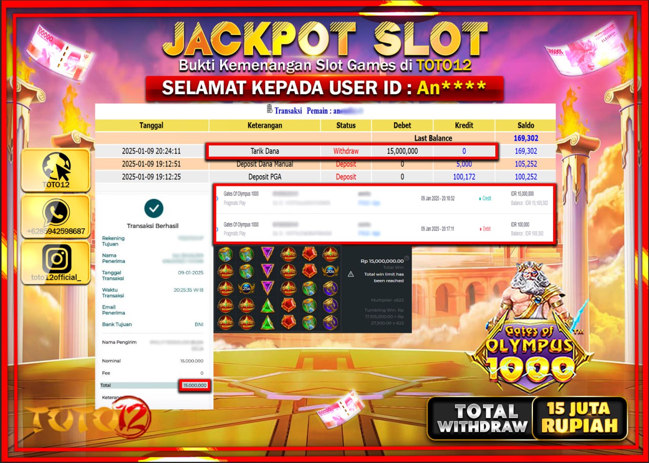 HANYA DI TOTO12 JP PASTI DI BAYAR LUNAS DAN CEPAT!!!!!! JACKPOT SLOT GAME (GATES OF OLYMPUS 1000) Rp.15.000.000 !!!!