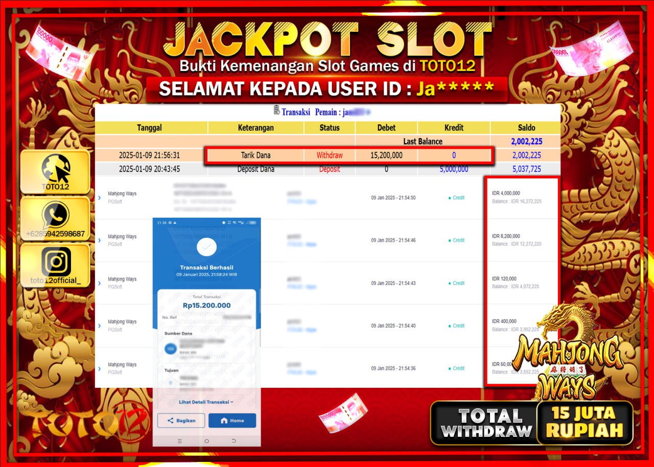 HANYA DI TOTO12 JP PASTI DI BAYAR LUNAS DAN CEPAT!!!!!! JACKPOT SLOT GAME (MAHJONG WAYS) Rp.15.000.000 !!!!