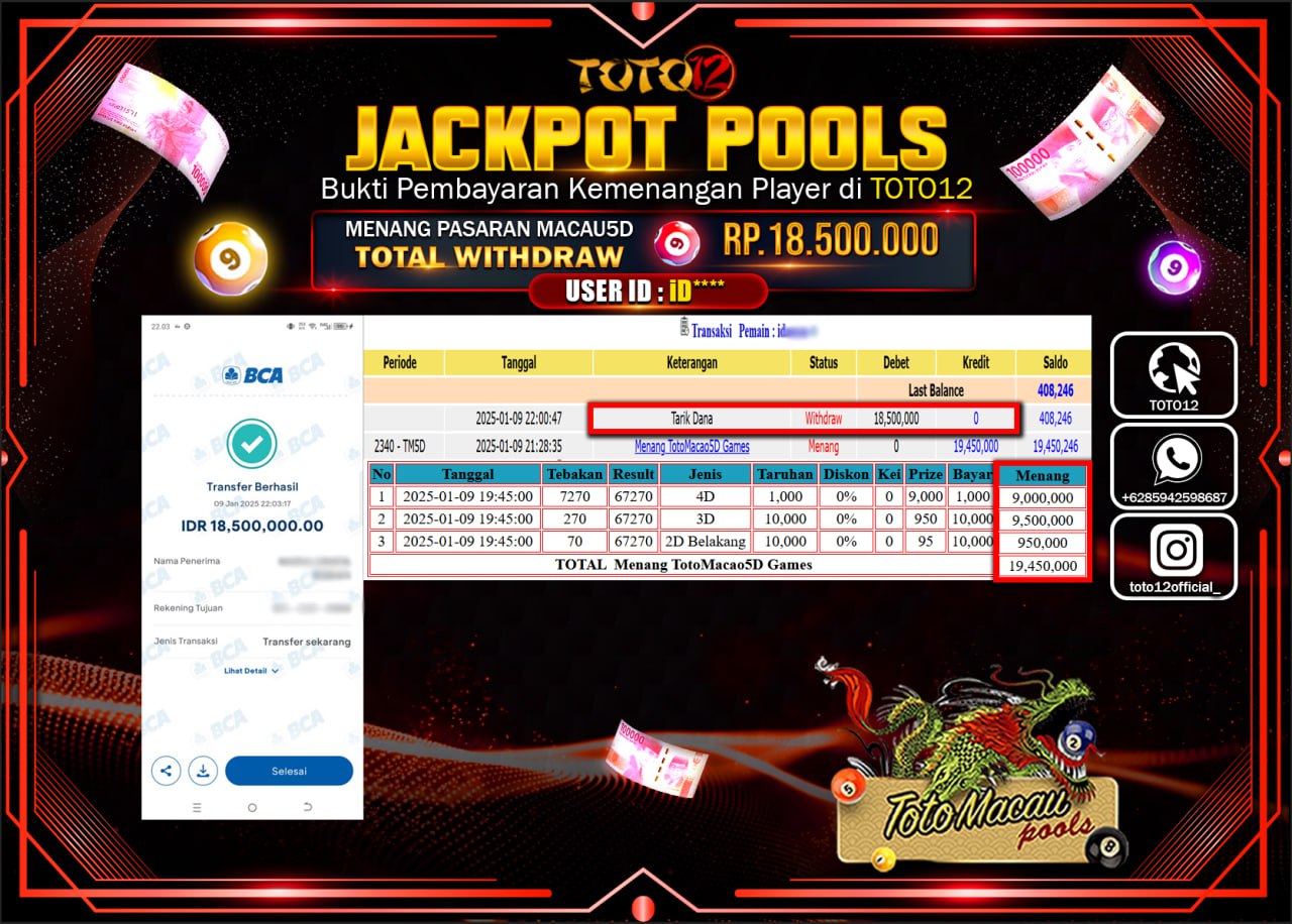 HANYA DI TOTO12 JP PASTI DI BAYAR LUNAS DAN CEPAT!!!!!! JACKPOT POOLS PASARAN (TOTO MACAU) Rp.18.500.000 !!!!