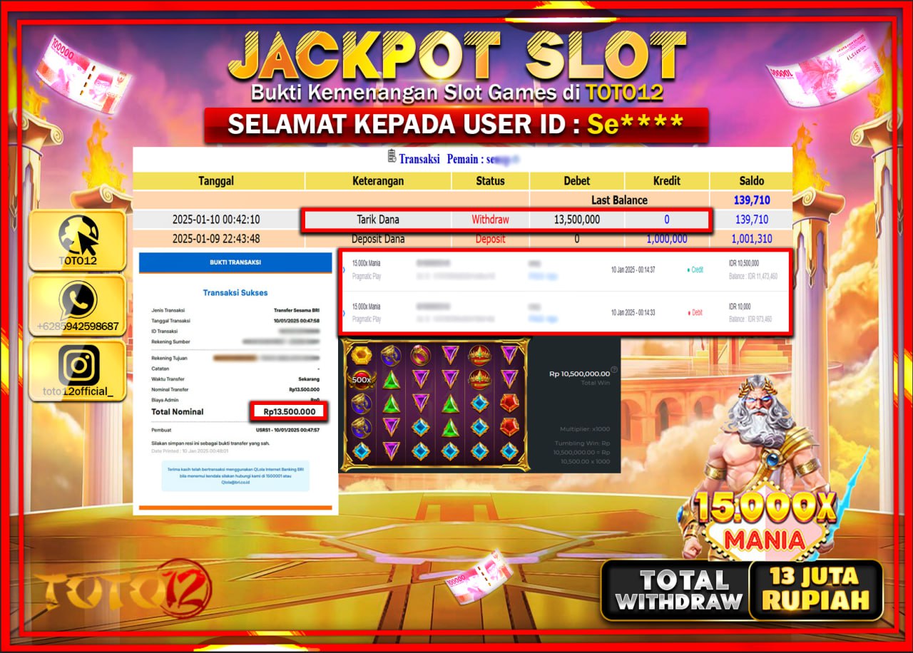 HANYA DI TOTO12 JP PASTI DI BAYAR LUNAS DAN CEPAT!!!!!! JACKPOT SLOT GAME (15.000X MANIA) Rp.13.000.000 !!!!