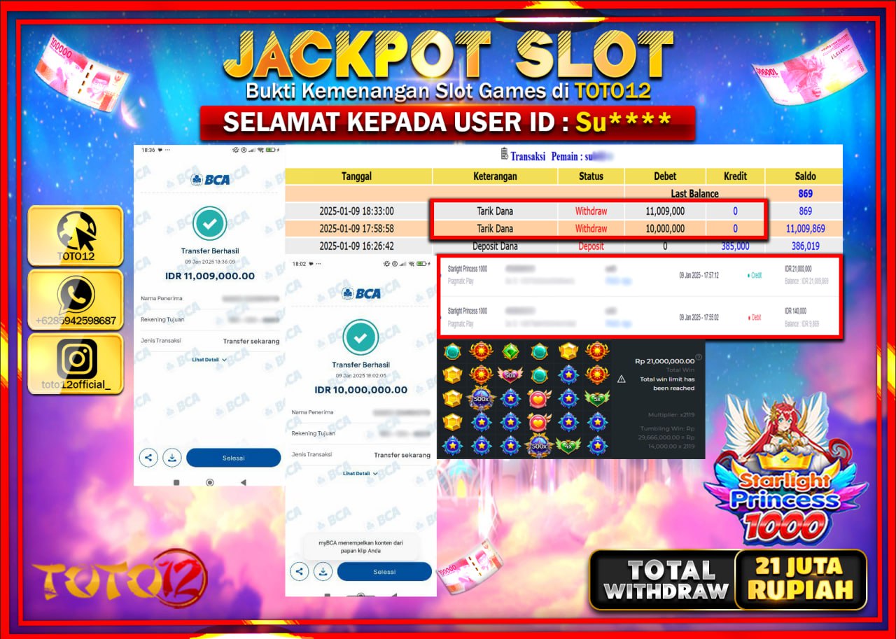 HANYA DI TOTO12 JP PASTI DI BAYAR LUNAS DAN CEPAT!!!!!! JACKPOT SLOT GAME (STARLIGHT PRINCESS 1000) Rp.21.000.000 !!!!