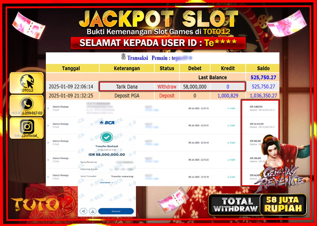 HANYA DI TOTO12 JP PASTI DI BAYAR LUNAS DAN CEPAT!!!!!! JACKPOT SLOT GAME (GEISHAS REVENGE) Rp.58.000.000 !!!!