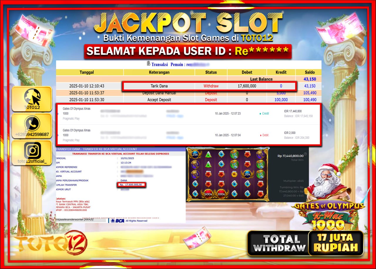 HANYA DI TOTO12 JP PASTI DI BAYAR LUNAS DAN CEPAT!!!!!! JACKPOT SLOT GAME (GATES OF OLYMPUS XMAS 1000) Rp.17.000.000 !!!!