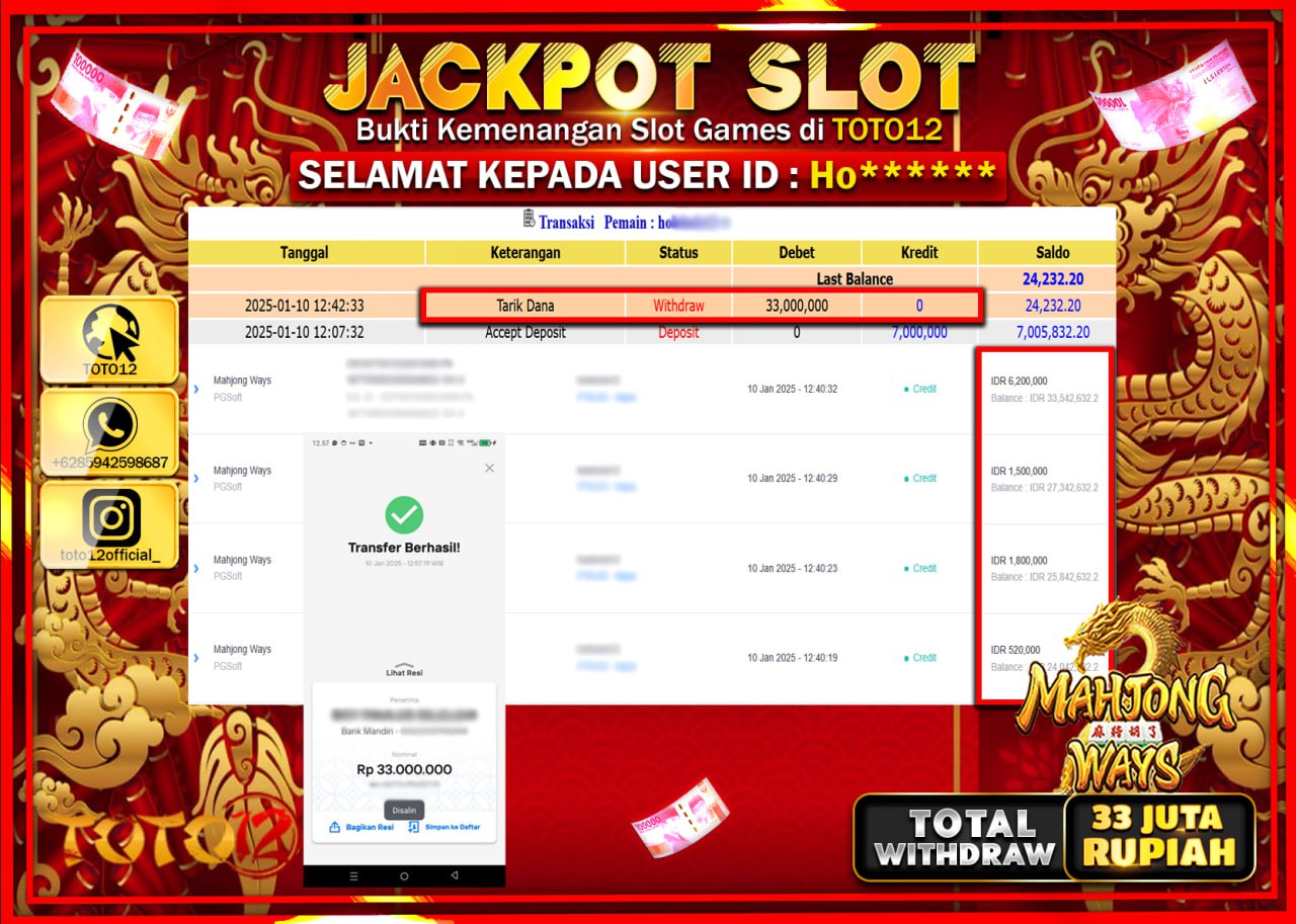 HANYA DI TOTO12 JP PASTI DI BAYAR LUNAS DAN CEPAT!!!!!! JACKPOT SLOT GAME (MAHJONG WAYS) Rp.33.000.000 !!!!