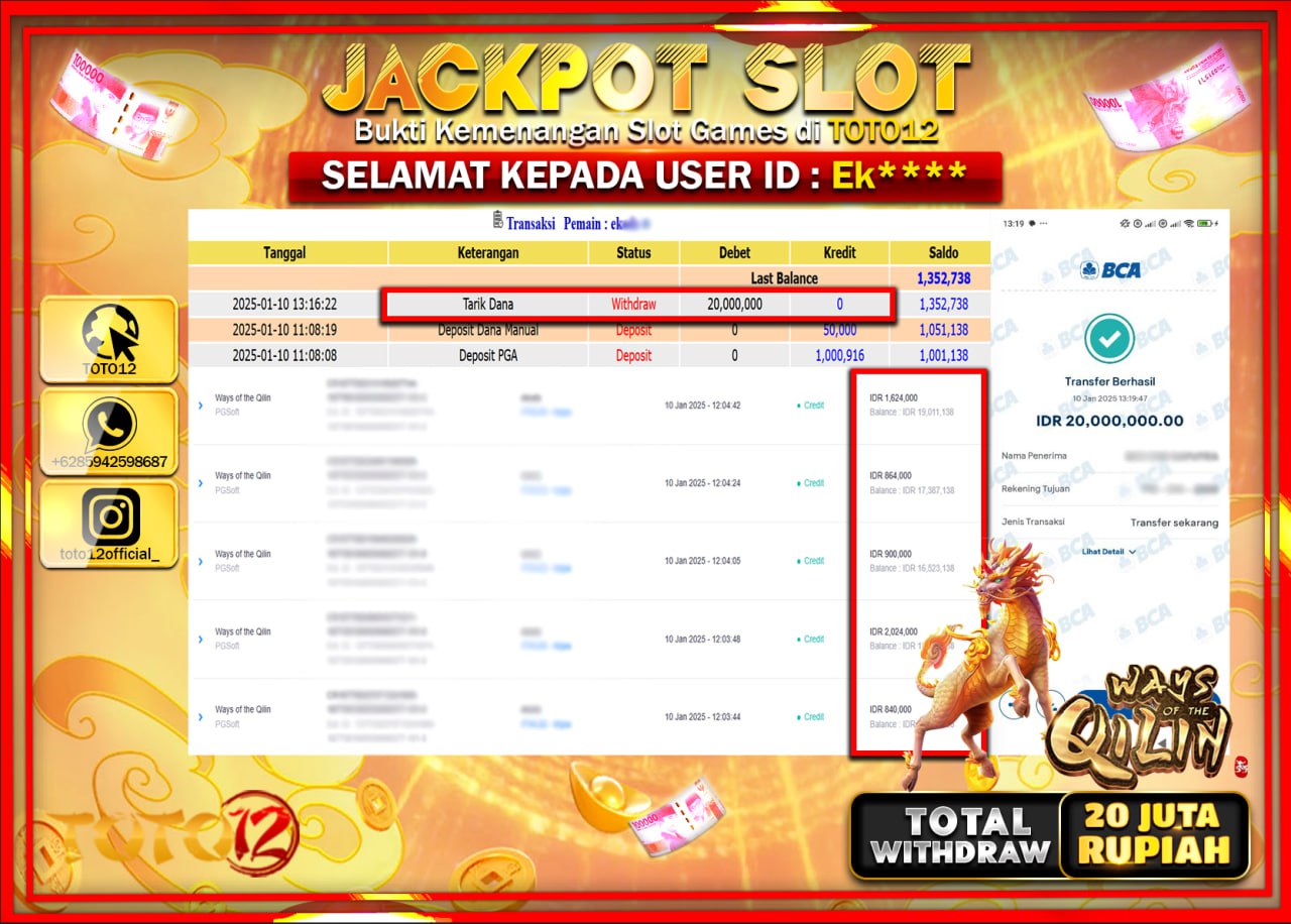 HANYA DI TOTO12 JP PASTI DI BAYAR LUNAS DAN CEPAT!!!!!! JACKPOT SLOT GAME (WAYS OF THE QILIN) Rp.20.000.000 !!!!