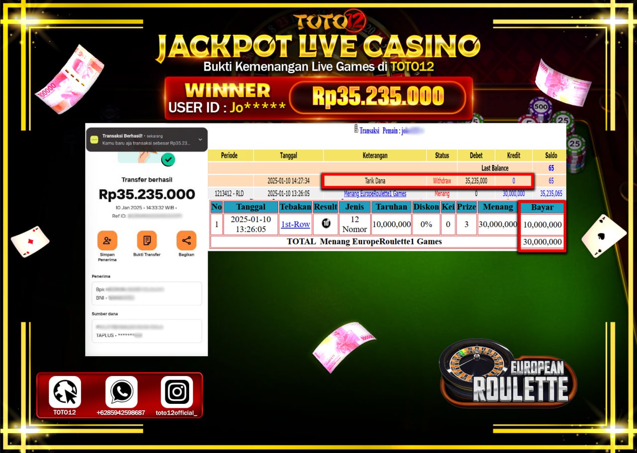 HANYA DI TOTO12 JP PASTI DI BAYAR LUNAS DAN CEPAT!!!!!! JACKPOT LIVE GAMES CASINO (EUROPEAN ROULETTE) Rp.35.235.000 !!!!