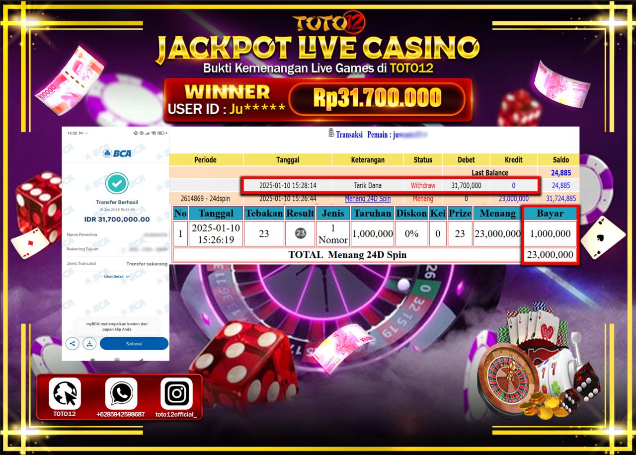 HANYA DI TOTO12 JP PASTI DI BAYAR LUNAS DAN CEPAT!!!!!! JACKPOT LIVE GAMES CASINO (24D SPIN) Rp.31.700.000 !!!!