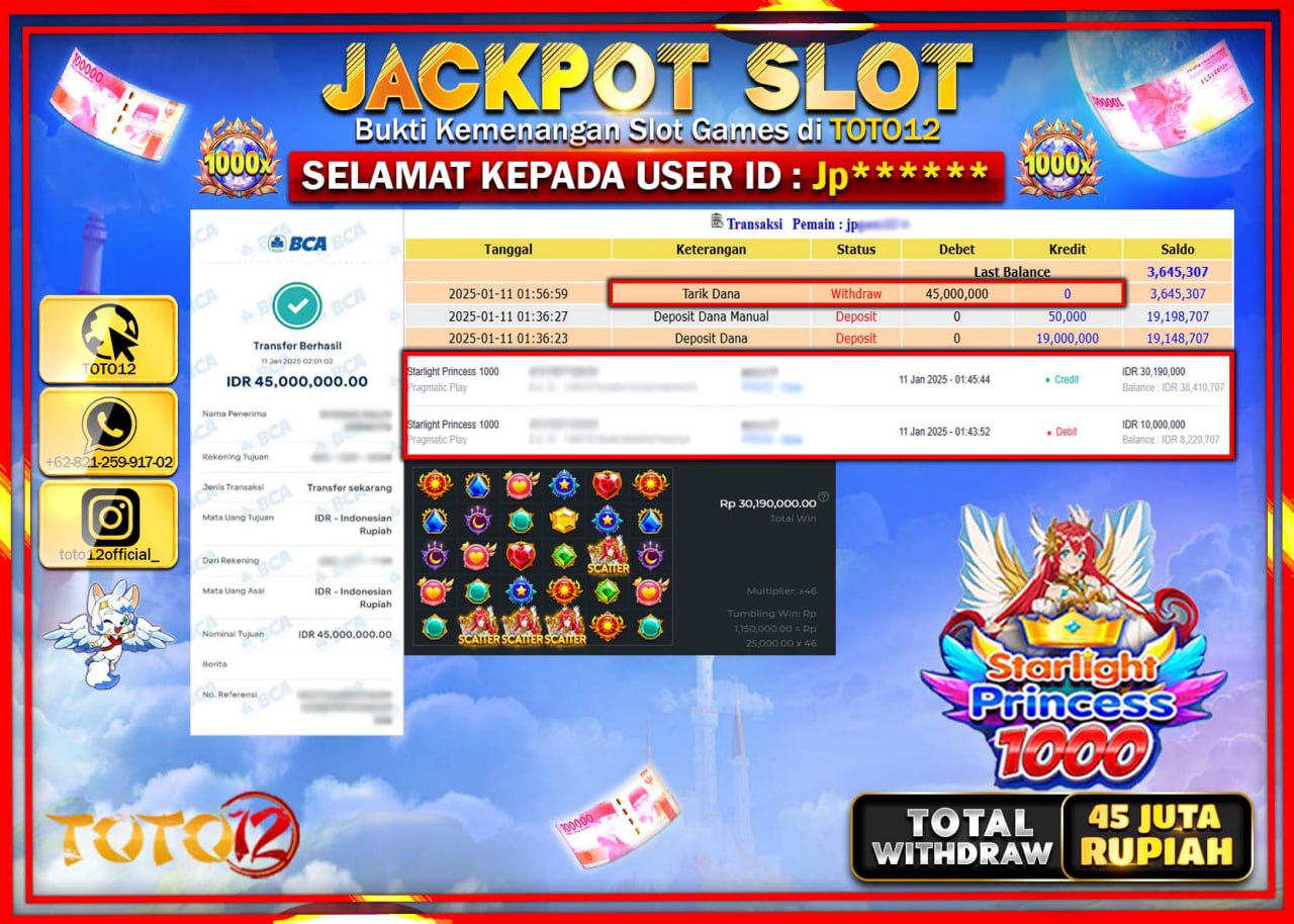 HANYA DI TOTO12 JP PASTI DI BAYAR LUNAS DAN CEPAT!!!!!! JACKPOT SLOT GAME (STARLIGHT PIRNCESS 1000) Rp.45.000.000 !!!!